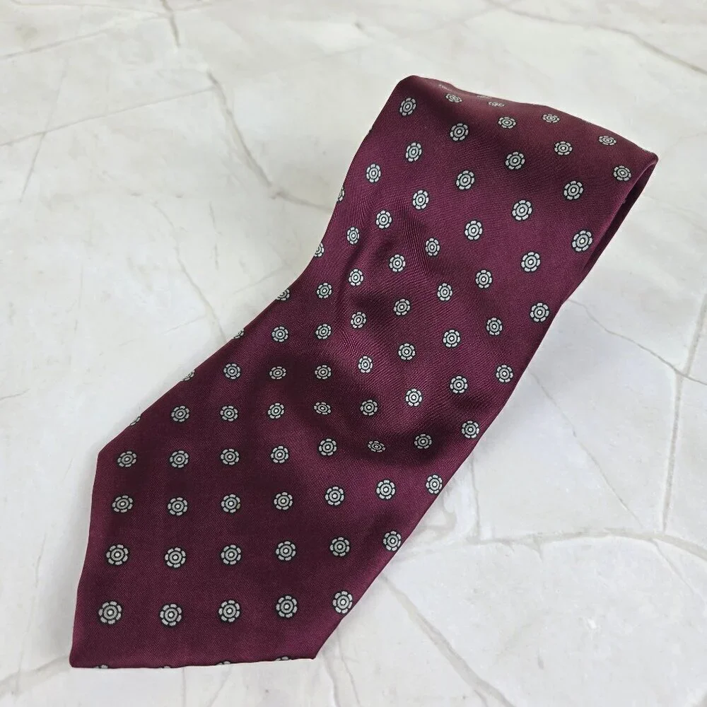 100% Silk Men's Tie Dark Red Small Gray Flower Pattern Made in Italy